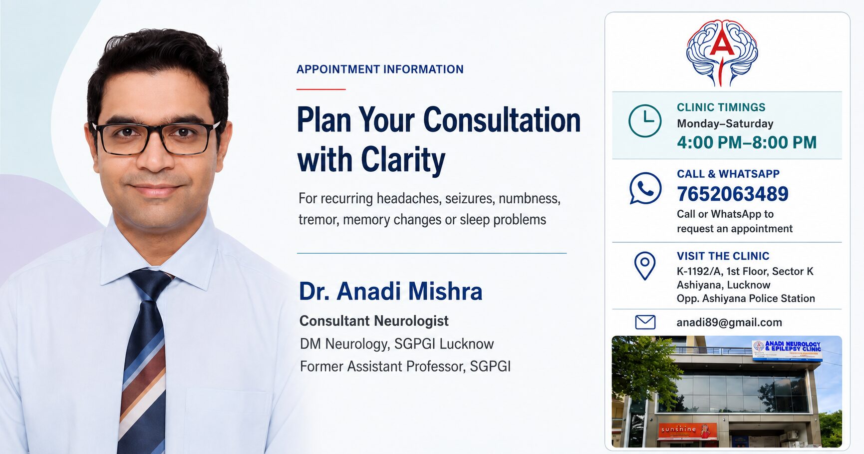Dr. Anadi Mishra with appointment timings and contact details for Axiom Neurology & Speciality Clinic, Ashiyana